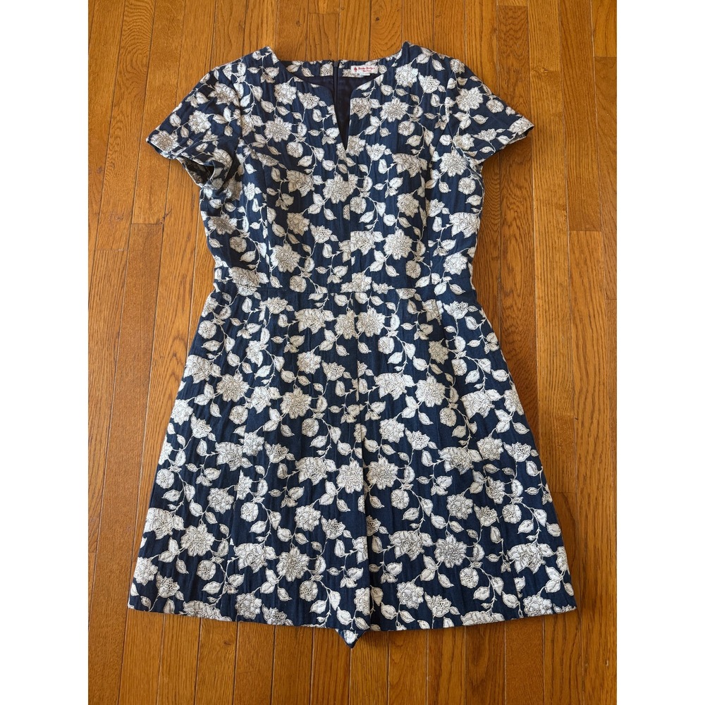 Brooks Brothers Red Fleece Navy Floral Jacquard Dress Size 14 | Back Zip